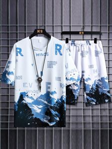 ROMON | Lomond Mens Ice Silk Sports Set Summer Thin Print Round Neck Short Sleeve T-shirt Casual Running Two-piece Lightweight Breathable