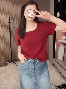 plus Size Womens Summer New Style T-Shirt Cover Belly Short Sleeve Square Collar Slimming Fit Korean Version Commute Style