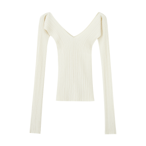 Murmurmi Designer Brand Deconstructed Stripe Long Sleeve Knitted T-Shirt Womens Business Casual Slim Fit V-neck Regular Length