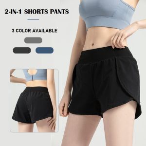 High Quality Women 2 in 1 Sports Short Pants with Pockets High Waist Elastic Band Quick-drying Breathable Running Fitness Yoga Shorts Pant Ladies Sportswear