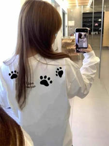 Retro American Cat Claw Print Pure Cotton Long Sleeve Womens T-shirt Loose Base Shirt Trendy Brand Couples Top Commute Style