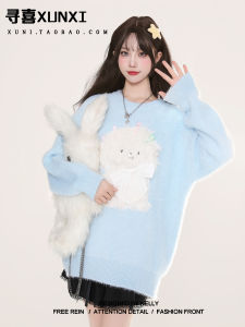 Blue Knitted Sweater Womens Winter Fashion Butterfly Knot Neck Design Hand Embroidered Mouton Velvet Dog Patterned Top