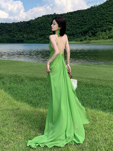 CHANGTONG | Beach Vacation Style Backless Strap Dress Fashionable Waist Cinched Slimming Summer 2025 Youth Tourist H-Shape Midi Dress