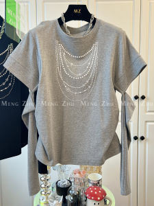High-End round Neck Beaded Decorated Side Gathered Design Unique Sleeveless T-Shirt Womens Spring Top Korean Style Commute