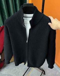 Casual Knitted Sweater Cardigan for Men in Pure Color Half High Collar Long Sleeve Winter Fashion Urban Style Youth Popular Top