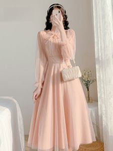 Fashionable French Style Fairy Skirt Dress Pink Mesh Gown Gentle Wind Early Autumn Long Dress Polyester Fiber A-Line Skirt