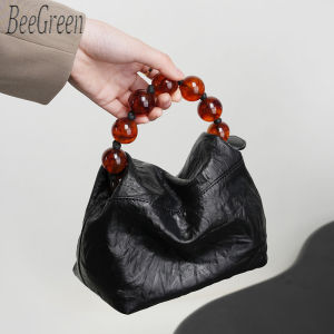 BeeGree Women Real Leather Bead Handbag Elegant Underarm Bag Fashion Ruched Texture Shoulder Bag High Quality Metal Chain Sling Bag
