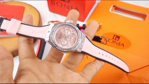 Box Exclusive Jam Tangan Bonia Bulat Permata VA-975SSA /Jam Tangan Fashion Wanita Tali Rubber Diameter 37 cm