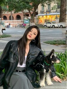 Retro American Motorcycle Collar Jacket Womens High Street Loose Black Leather Coat Trendy Zipper Closure Long Sleeve Pure Color