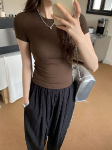 ผู้หญิง Basic Solid Crop Top แขนสั้น Crewneck Skinny เสื้อยืดฤดูร้อนสบายๆ Y2K Vintage Harajuku Streetwear