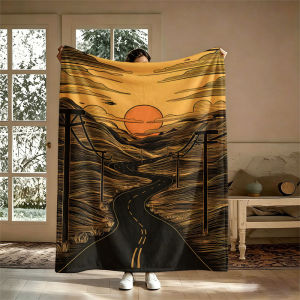 BILIBILI | Winding Road Sunset Line Art Flannel Blanket Perfect for Sofa Office Bed Travel Sleep Read Relax Camping Four Season Use