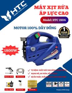 Máy xịt rửa xe 1800W motor Đồng áp lực 100 bar 8L/phút công suất thực hiệu HTC1804