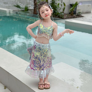 Princess Mermaid Tail Dress Sparkling Beach Outfit for Girls Baby Performance Summer Coastal Travel Dress with Scales