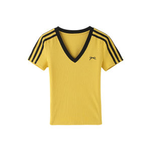 Yellow V-Neck Striped Short Sleeve T-Shirt Womens Summer New American Slim Fit Pure Cotton Butterfly Knot Embroidery Top Trendy