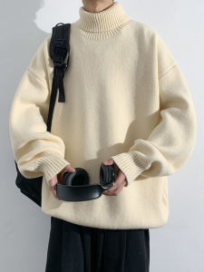 เสื้อสเวตเตอร์คอตั้งหนาสำหรับผู้ชาย ฤดูใบไม้ร่วง/ฤดูหนาว เสื้อชั้นในถักนิตติ้งสีน้ำตาล ทรงหลวม สไตล์ลำลอง เสื้อชั้นในสุดเท่