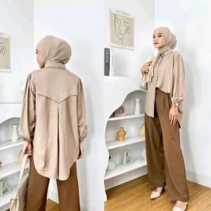 Laura Blouse Polo Linen / Atasan Wanita Korean Style / Kemeja Wanita Over Size