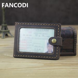 FANCODI High Class Handmade Vintage Crazy Horse Genuine Leather Card Holder For Men Driving License Sleeve Name Card Holder Card ID Holder Small Wallet MC504