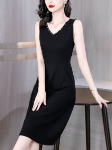 Spring Autumn Strapless Womens Dress New Summer Outfit Sleeveless Waist Cinched Midi Black Dress Elegant Style V-neck X-shaped