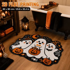 VIKAMA Cute Ghost Wavy Edge Bath Mat Halloween Pumpkin Witch Hat Bat Non‑Slip Absorbent Bathroom Rug For Halloween Home Decor