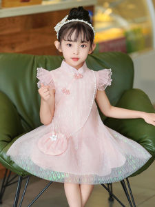 Girls Cheongsam Dress Summer Short Sleeve Princess Skirt Childrens Clothing Soft Polyester Fabric Floral Pattern A-Line Skirt