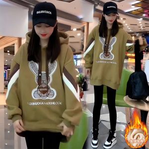 2024 New Arrival Fashion Casual Hooded Base Tops Female Winter Loose Long Sleeves Fleece-lined Padded Sweater Coat Female