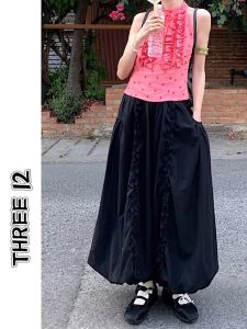 Váy Midi Cạp Cao Màu Đen Phong Cách Retro Mỹ Cho Nữ Mùa Hè Đa Năng Rộng Rãi Váy Chữ a Xếp Nếp