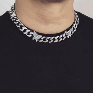 สร้อยคอโซ่คิวบาประดับเพชร MS Butterfly Hip Hop แฟชั่นสำหรับผู้ชายและผู้หญิง สร้อยคอโซ่คิวบาแบบมีหัวผีเสื้อ โซ่คิวบาสไตล์อเมริกัน