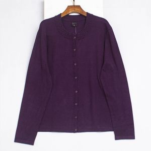 Spring 2025 Large Size Mommy Knitted Open Cardigan Long Sleeve round Neck Womens Knitted Top with Beads Cotton Blend Knitwear