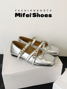 MIFEI | Leather Large Size Silver Bow Studs Mary Jane Flats