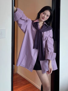 French Style Pure Cotton Midi Shirt Women Spring 2025 Loose Design Shoulder Drape Trendy Casual Polo Collar Long Sleeve