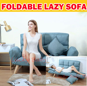 D6 Lazy sofa with Leg Tatami Folding Double Lazy Susan Small Bedroom Living Room Foldable Sofa Bed (Free 2 Pillows) / Rainbow