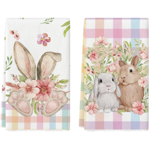 2Pcs Easter Colorful Plaid Bunny Kitchen Towels 40Cm*60Cm Towel Set Super Absorbent Soft Cleaning Cloth Cooking and Baking Tea Towel Hand Towel Cleaning Cloth Dishcloth Kitchen Decoration Living Room Decorations Kitchen Essentials Home Essen...