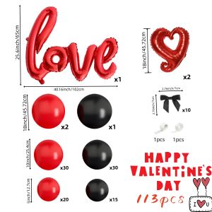 113-Piece Black and Red Valentines Day Balloon Arch Kit Red Love Heart Aluminum Foil Balloons with Black Bow Ribbons for Valentines Day Parties Proposal Parties Weddings and Birthday Party Decorations