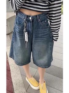 Loose Straight Leg Jeans Shorts Womens Summer Thin High Waist Wide Leg Five-Quarter Blue Denim Casual Style plus Size