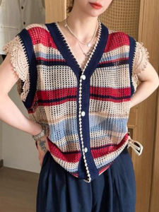 Shalldoer | เสื้อคาร์ดิแกนถักคอวีผ้าลูกไม้ลายทางสีตัดกันบางระบายอากาศได้ดีสำหรับผู้หญิง ฤดูร้อน 2025 เสื้อตัวบนอเนกประสงค์