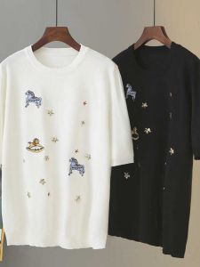 Plus Size Cartoon Embroidered Sequins Short Sleeve Knitwear Womens Summer Plus Size Ladies New Arrival Fashion Chic Unique Slim Looking Tops