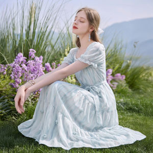 XIANGYING | Romantic Vacation Style Plant Print Waist Cinching Dress