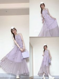 CHANGTONG | French Style Purple Strapless Long Dress Beach Vacation Gown Shoulder Bared High Waist Pure Color Floral Embroidery A-Line Skirt