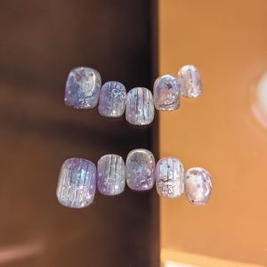 Handmade Wearable Nail Art Aquarium Gradient Cats Eye Mermaid Ocean Star Short Design False Nails Blue Color Series Normal Size