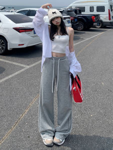 Vfvk Grey Sports Pants Womens Loose Wide Leg Casual Trousers High Waist American Style Soft Comfortable Cotton Blend