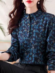 เสื้อเชิ้ตคอตั้งหลวมๆ สำหรับผู้หญิง ฤดูใบไม้ร่วง/ฤดูหนาว 2024 แฟชั่นลดอายุ คุณภาพเยี่ยม ผ้าเดอร์โมลิน ลายดอกไม้