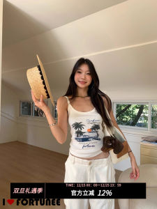 Fortunee Original American Retro Hand-drawn Beach Sunset Print Outerwear Strap Vest Womens Top Summer 2025 Regular Length