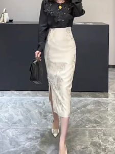 White Retro Button Print Half Skirt Womens High Waist Slimming Split Wrap Body Skirt Korean Style Casual Autumn New Arrival