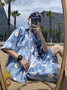 Travel Set 2025 Mens Short Sleeve Shirt Beach Vacation Casual Large Size Shorts Five-Piece Couples Clothing Loose Fit Printed Polyester Blend Summer Thin Fabric