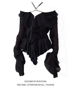 plus Size Womens French Style Long Sleeve V-Neck Chiffon Shirt Summer Hanging Neck One Shoulder Top Bubble Sleeve Loose Fit Commute
