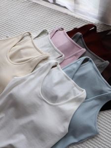 Womens Short Sleeveless Tank Top with Chest Pad Work Letter Back Strap Vest Summer Inner Wear Outer Wear Bra Integrated