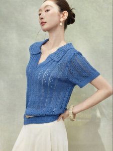 SUSHE | Custom Dye Hollow Out Straight Shoulder Loose Stretchy Knitted Short Sleeve Polo Shirt