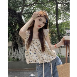 French Style Square Collar Embroidered Floral Strapless Vest Loose Fit Sleeveless Short Length Womens Summer Top New 2025