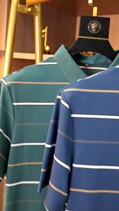 Jseabel polo shirt Thin Ice Silk Striped Polo Shirt Men Short-sleeved Slim-fit Lapel Casual Mens T-shirt Light Business Half-sleeved 88302