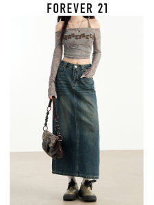 High Waist A-Line Midi Denim Skirt Womens New 2024 American Retro Style Half-length Skirts by Forever21 Cotton Polyester Blend